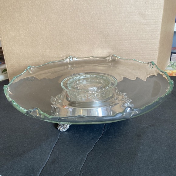 Rare Heisey Waverly Footed Lazy Susan Silver by Sacks Rotating Glass Cake Plate